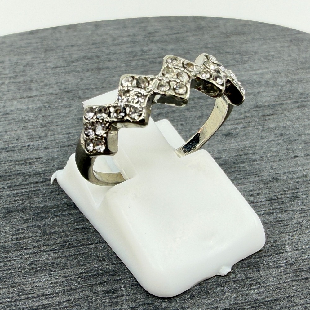 Geometric Zigzag Rhinestone Band Ring Silver Tone Sparkle Stacking Accessory